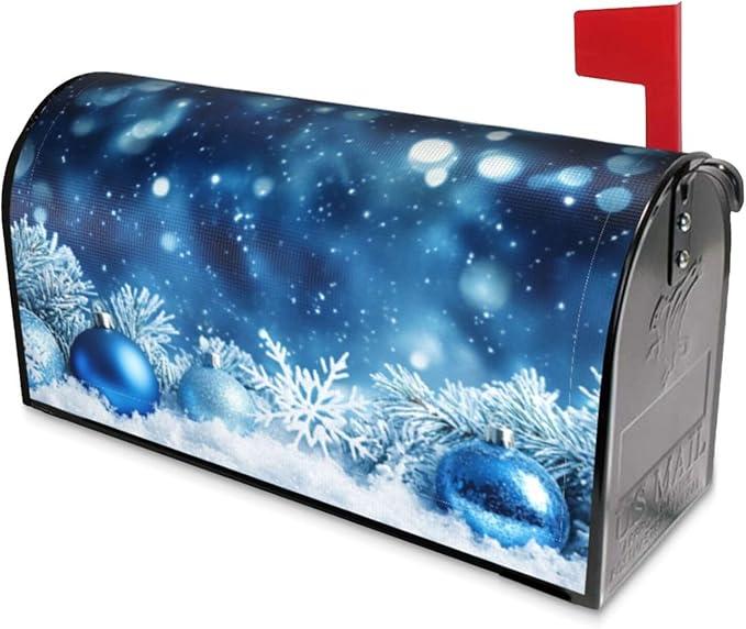 Festive Magnetic Mailbox Cover Blue Ball Snowflake Outdoor Mailbox Protector Holiday Seasonal Decorative Garden Yard Home Standard Size 21 x 18 Inch