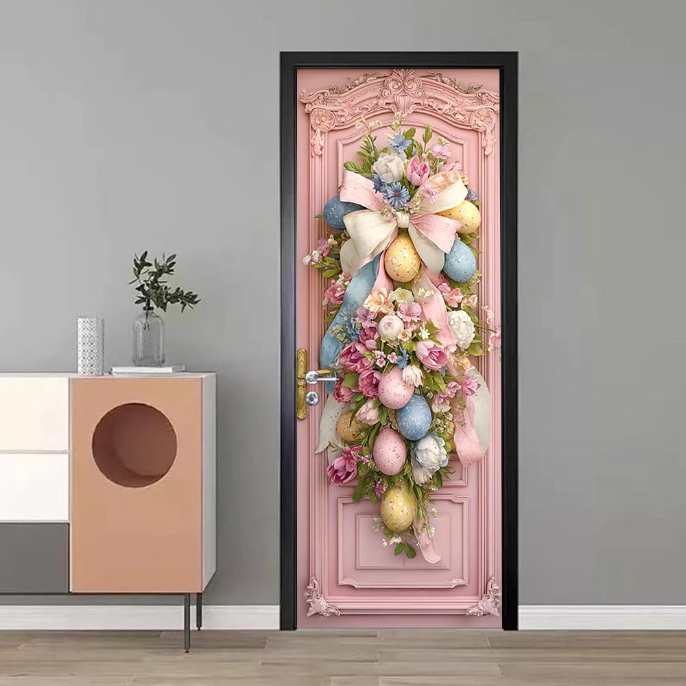 WDESYADMS PVC Self Adhesive Door Sticker 30.3x78.7 Inch Easter Eggs and Floral Bow Design Peel and Stick Decorative Door Decal for Bedroom Living Room Entryway Spring Home Decor