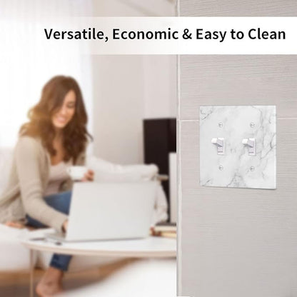 White Marble Pattern Light Switch Cover Decorative Double Toggle Wall Plate 2-Gang Art Print Faceplate for Kitchen Home Kids Room Decor 4.5" X 4.5"