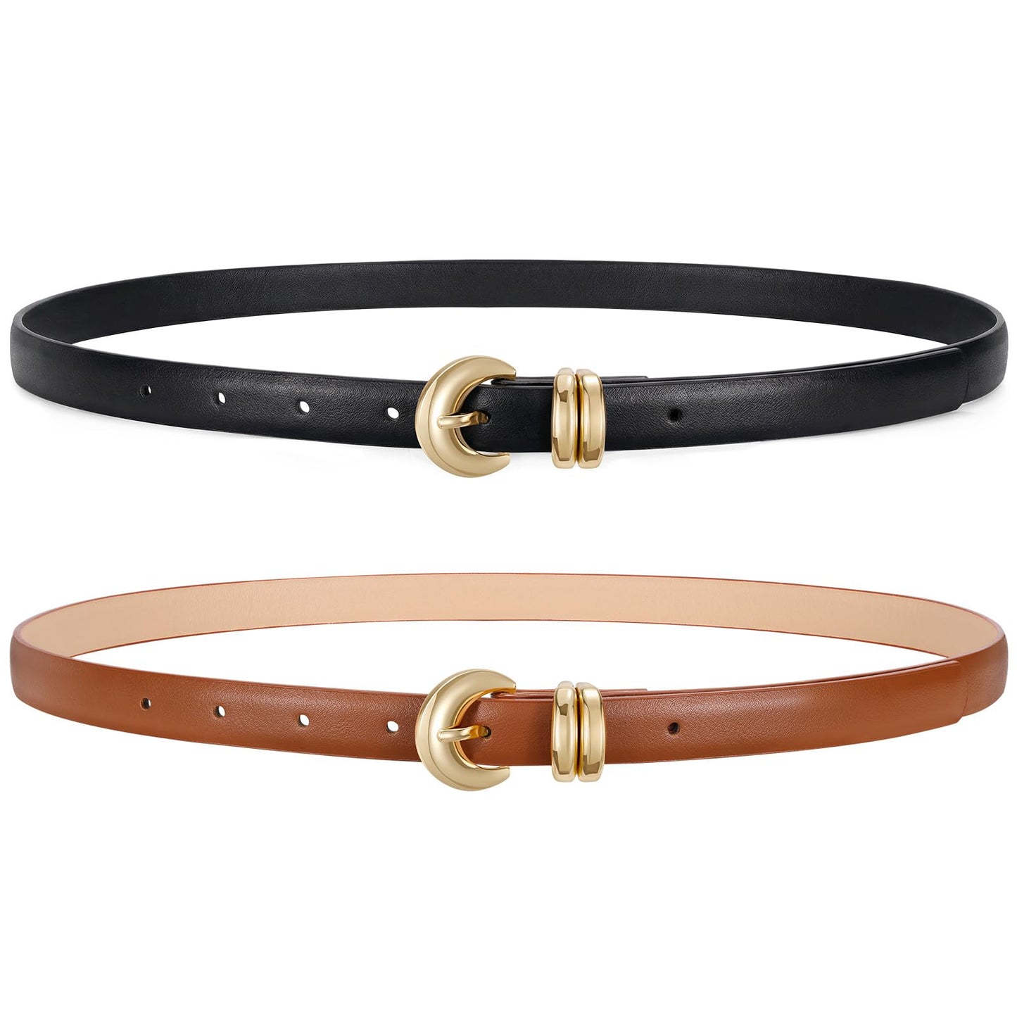 Jorywell 2 Pack Women Skinny Leather Belts for Jeans Dress Thin Waist Belt for Ladies with Gold Buckle 0.8’’ Width