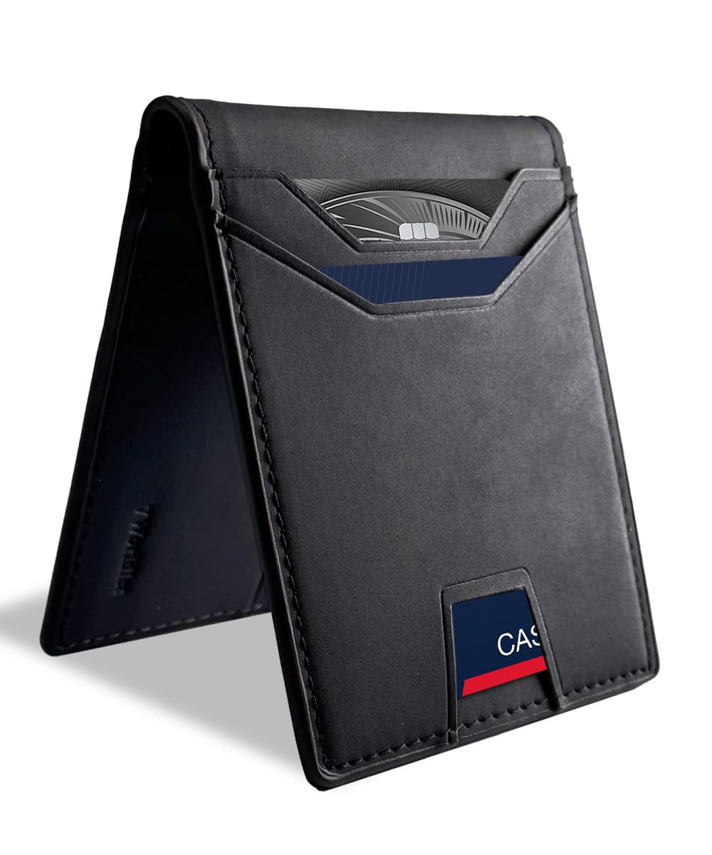 7worldlet Slim RFID Blocking Wallets for Men Synthra™ Ultra Leather Bifold Minimalist Wallet 11 Cord Holder Thin Mens Wallet with Gift Box (Black+Black)