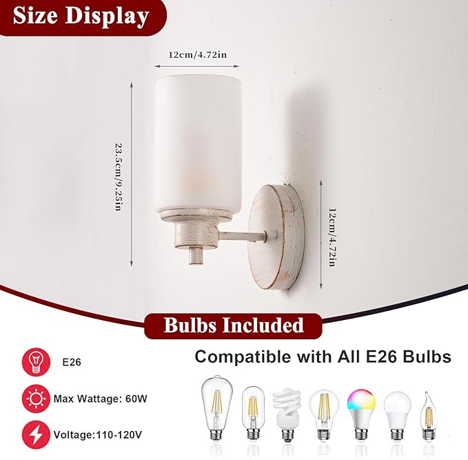 3 Pack Indoor Wall Sconces Lighting, Wall Mounted Bath Vanity Light Fixtures with White Frosted Glass Shade, White and Gold Color Bathroom Wall Lights for Bedroom Entryway