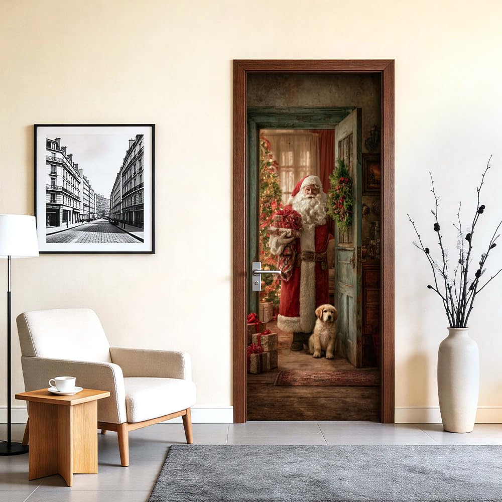 Santa and Puppy Christmas Door Mural Peel and Stick - Festive Golden Retriever Holiday Scene, Decorative Self-Adhesive Door Decals for Indoor Decor, 30.31 x 78.74 Inch