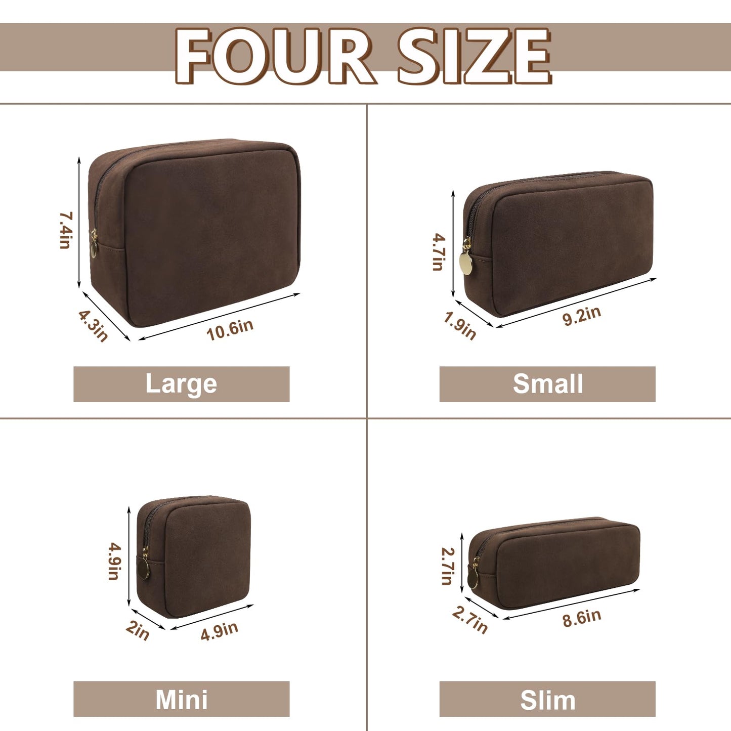 UIXIZQ Waterproof Small Makeup Bag for Purse,Cute Pouch Preppy Suede Makeup Brush Holder with Zipper,Girls Teens Portable Storage Case Small Travel Toiletry Bag for Office(Slim-Coffee)
