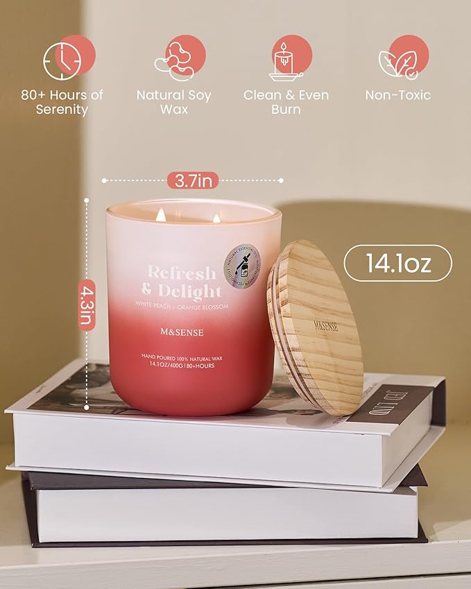 M&SENSE White Peach & Orange Blossom Scented Candle for Home, 14.1oz 80-Hour Non Toxic Long-Lasting Natural Soy Wax Scent Fragrance, 2 Wick Aromatherapy Candle for Women Men Family Friends