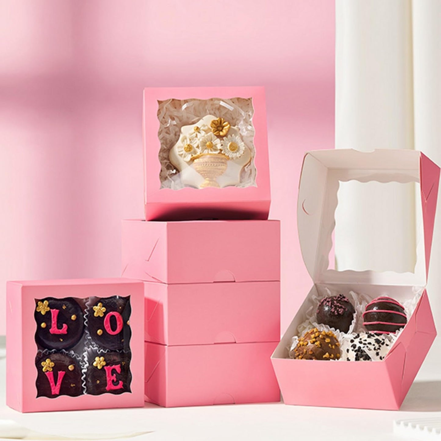 JCXGRVC 50PCS 4x4x2 Inches Pink Bakery Boxes with Clear Window Ideal for Packaging Cookie, Strawberry, Macaron, Ores, Chocolate Truffles, Donut, Pie Treat Boxes for Party Wedding Valentine's Birthday