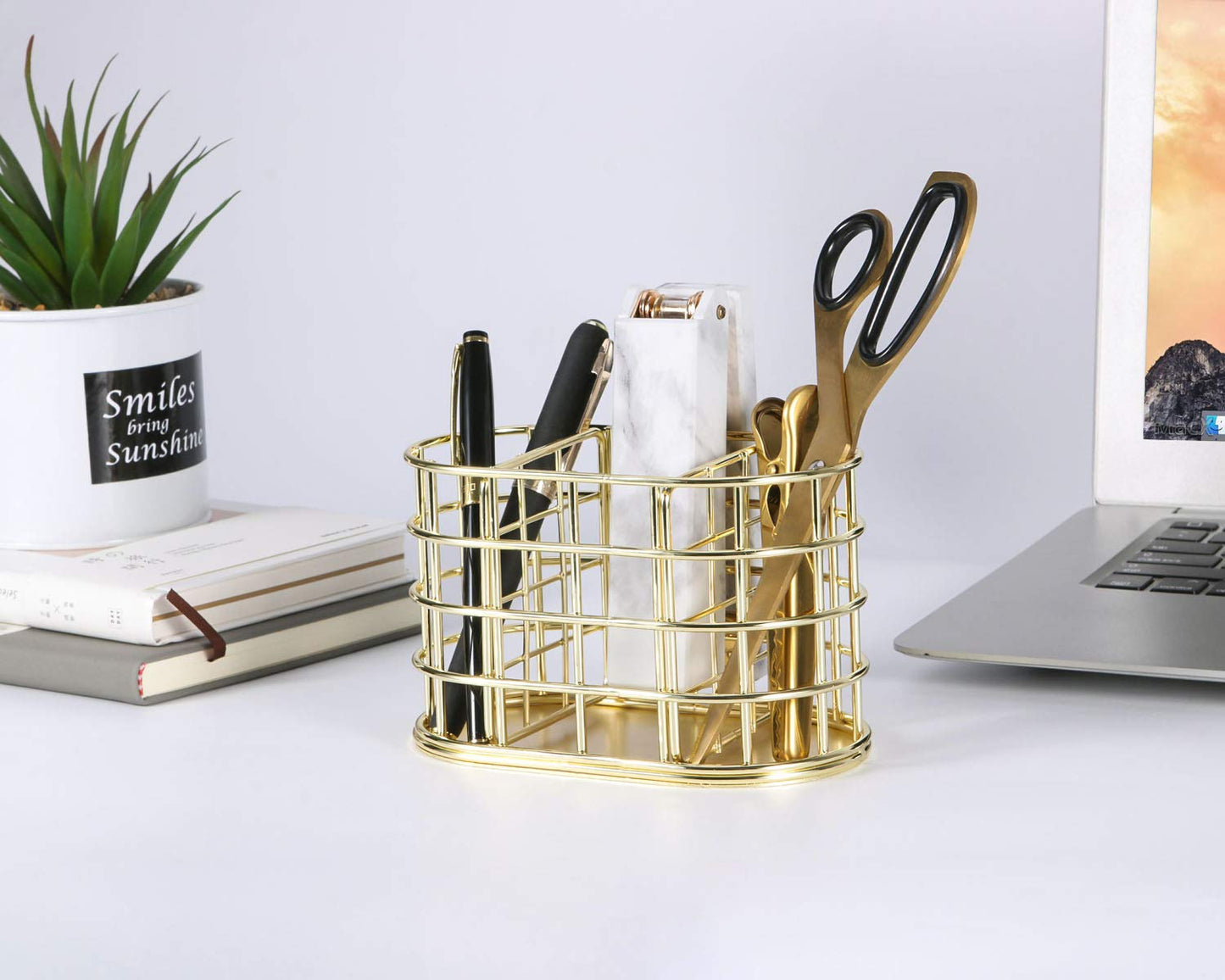 Nugorise Pen Holder, 3 Compartment Metal Pencil Holder Stationery Organizer, Decorative Desktop Storage Holder for Office Supplies, Gold