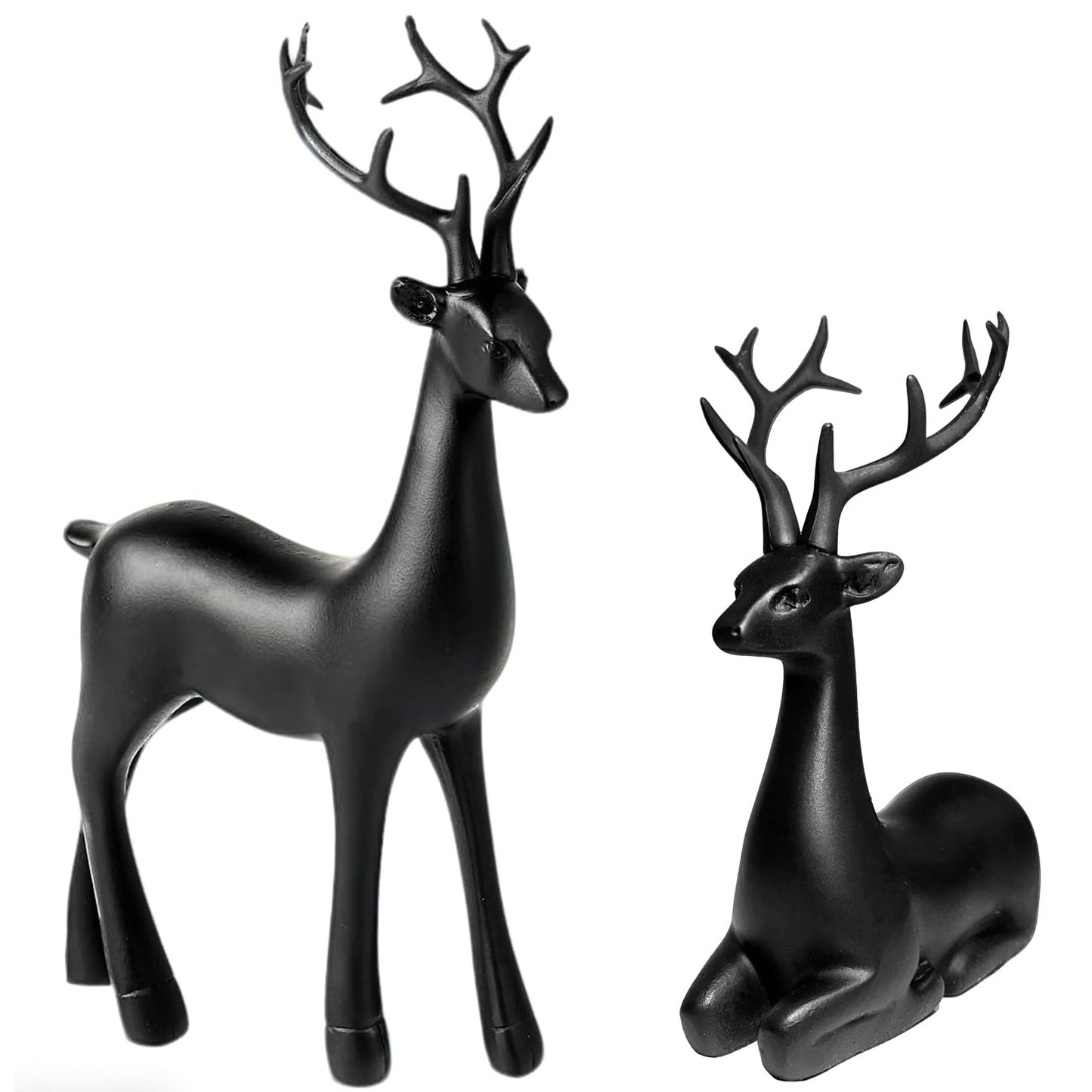 2PCS Black Christmas Reindeer Figurines, Resin Elk Sculpture Statues, Standing Sitting Reindeer Statues, Xmas Ornaments for Home Living Room Office TV Cabinet, Ideal Christmas/New Year Seasonal Gift