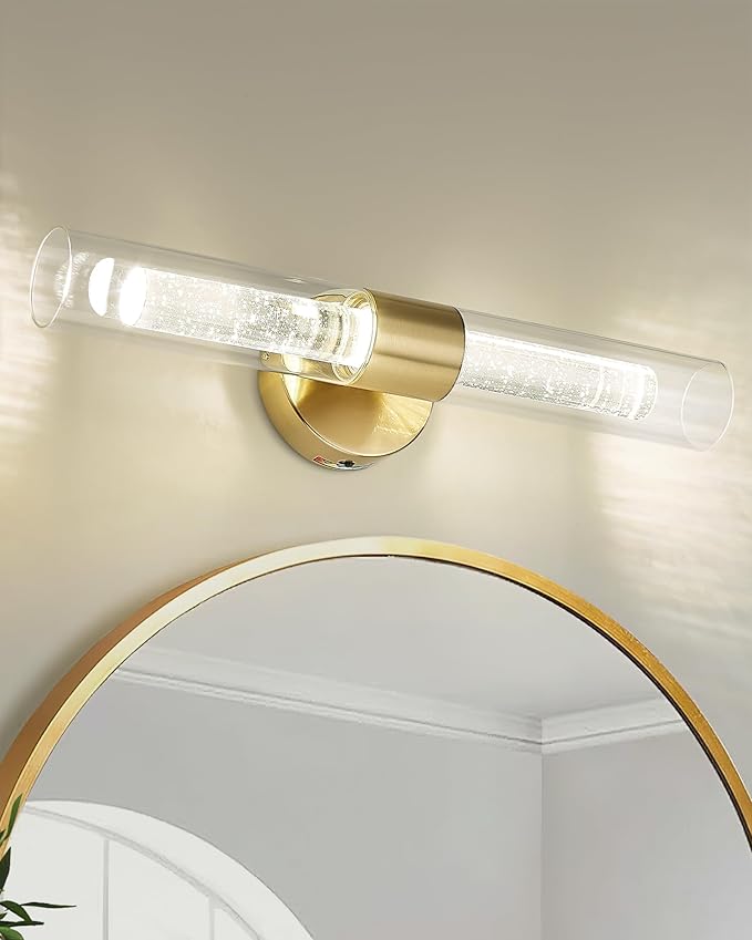 kudos Gold Bathroom Light Fixtures,2 Pack Modern Sconces Wall Lighting with Crystal Bubble and Clear Glass, 3000K/4500K/6000K Adjustable, KDVL05-GD-2-2PK