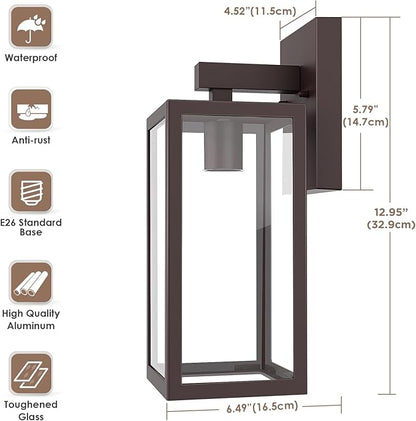 MAXvolador Outdoor Wall Sconce, Exterior Waterproof Wall Lantern Light Fixture, Dark Chocolate Porch Light Glass, Anti-Rust E26 Patio Lighting, 2 Pack