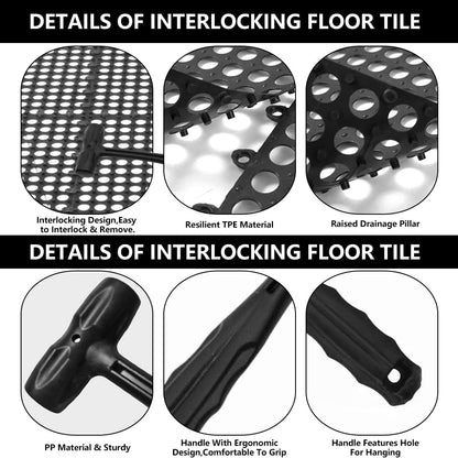 Interlocking Floor Tiles 12x12 Inch, 12 Pack Soft PVC Non-Slip Drainage Tiles with Holes for Bathroom, Pool Deck, Gym, Garage, Kitchen & Wet Areas, Easy Splicing Anti-Fatigue Mat, Black (12 Pack)