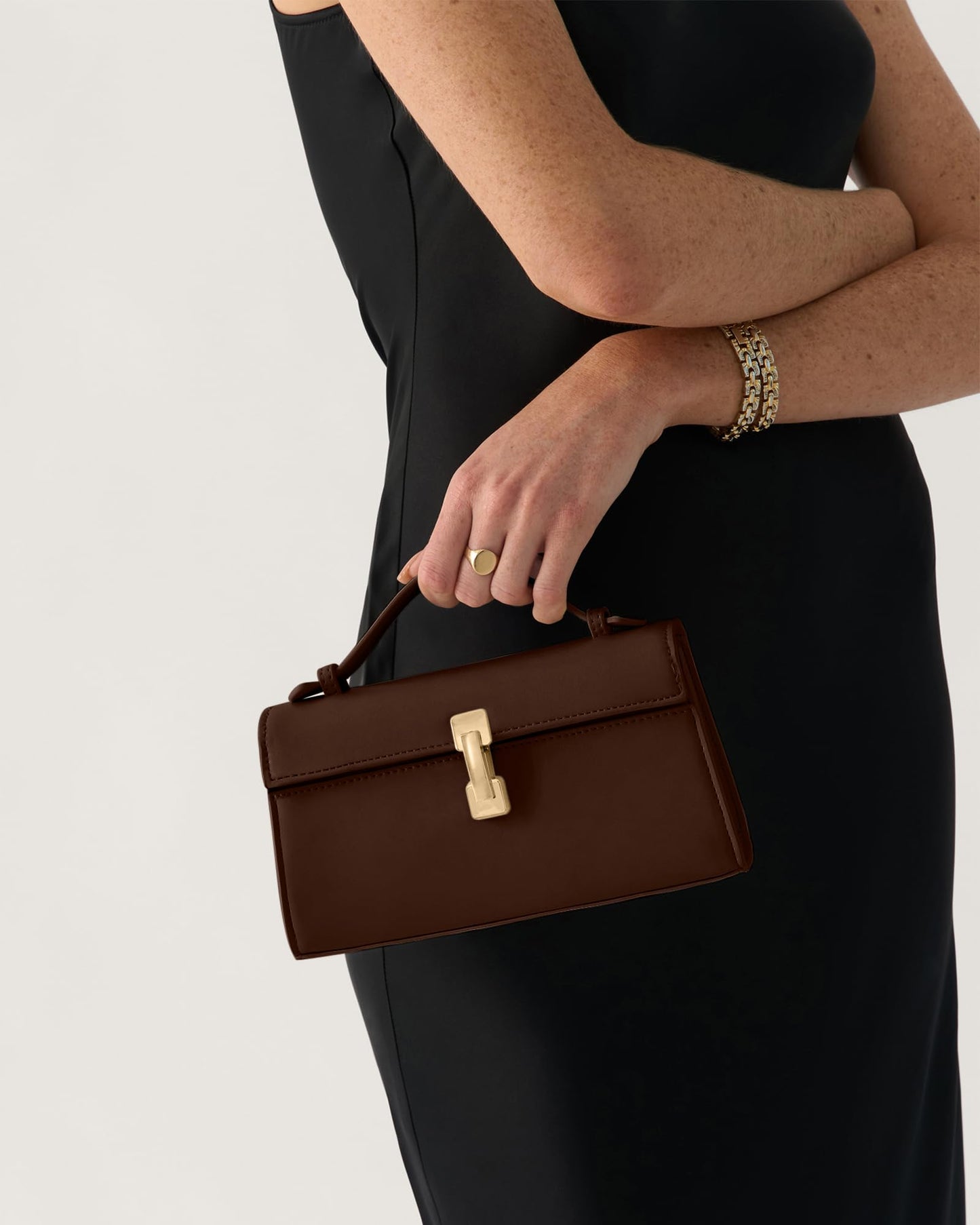 Clutch Purses for Women - Small Evening Bag - Trendy Top Handle Purse - Adjustable Crossbody Handbag PU Leather - Chocolate Brown