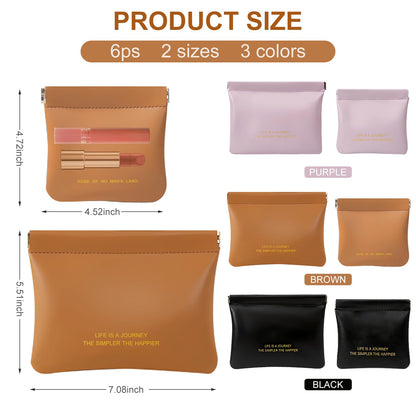 Frnoip 6 Pack small makeup bag for purse, snap closure leather organizer pouch,New lipstick pouch, portable mini storage bag,Two sizes Coin Purse Organizer Storage Pouch （Black+Brown+Purple