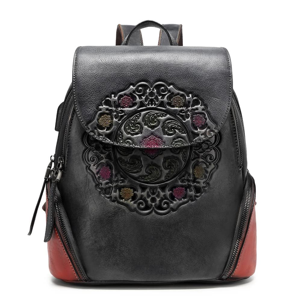 Leather Backpack for Women Organizer Retro Vegetable Tanning leather bag Vintage Embossing Totem (black)
