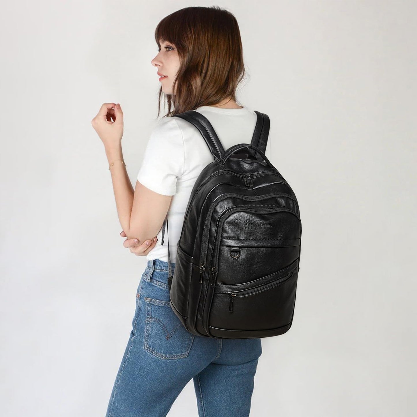 LATMAP 43L Backpack for Women Men - Vegan Leather Backpack Purse Travel Carry-on Bag College Bookbag Work fits 17" Laptop, Black