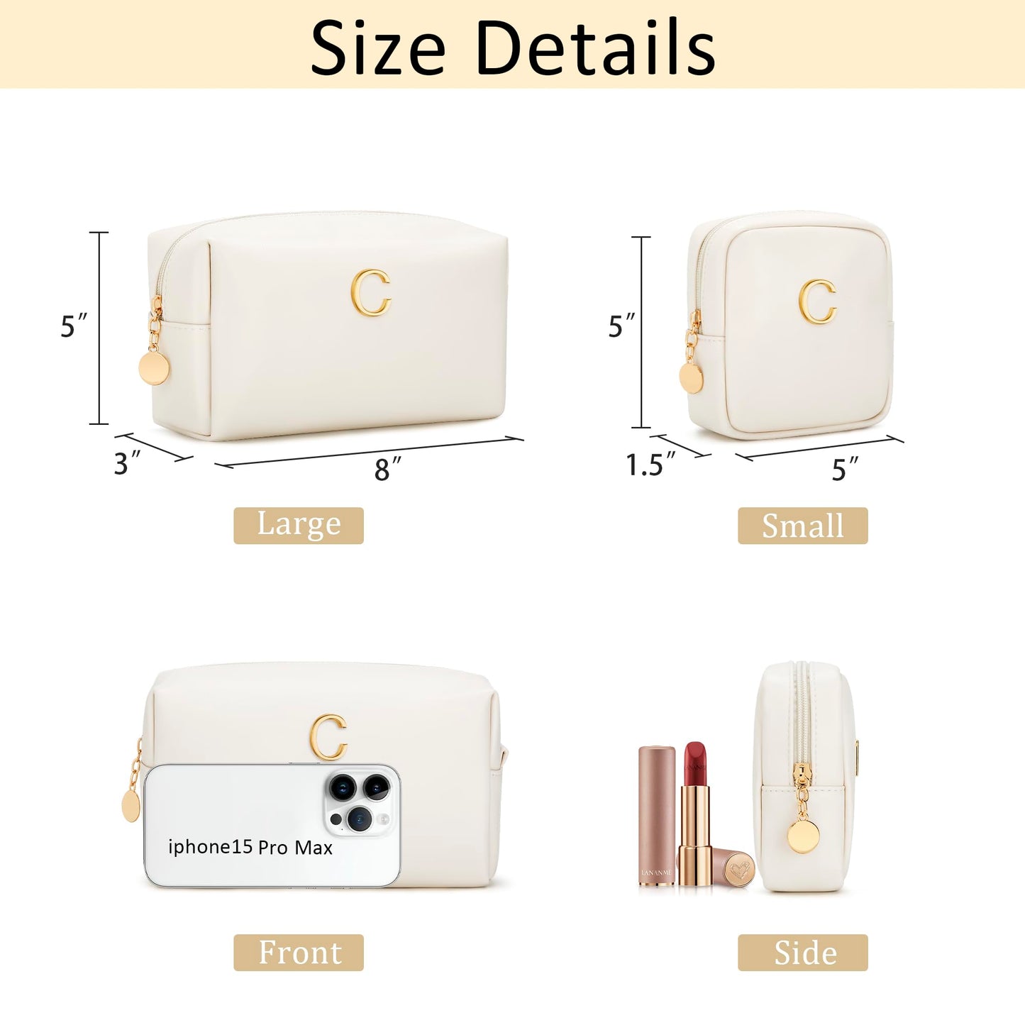 CLOUDWINGS Personalized Birthday Gifts for Women - Initial Makeup Bag Set Travel Toiletry Bag Cosmetic Bags Soft Waterproof PU Leather Makeup Pouch Travel Essentials (C, 2pcs Beige)