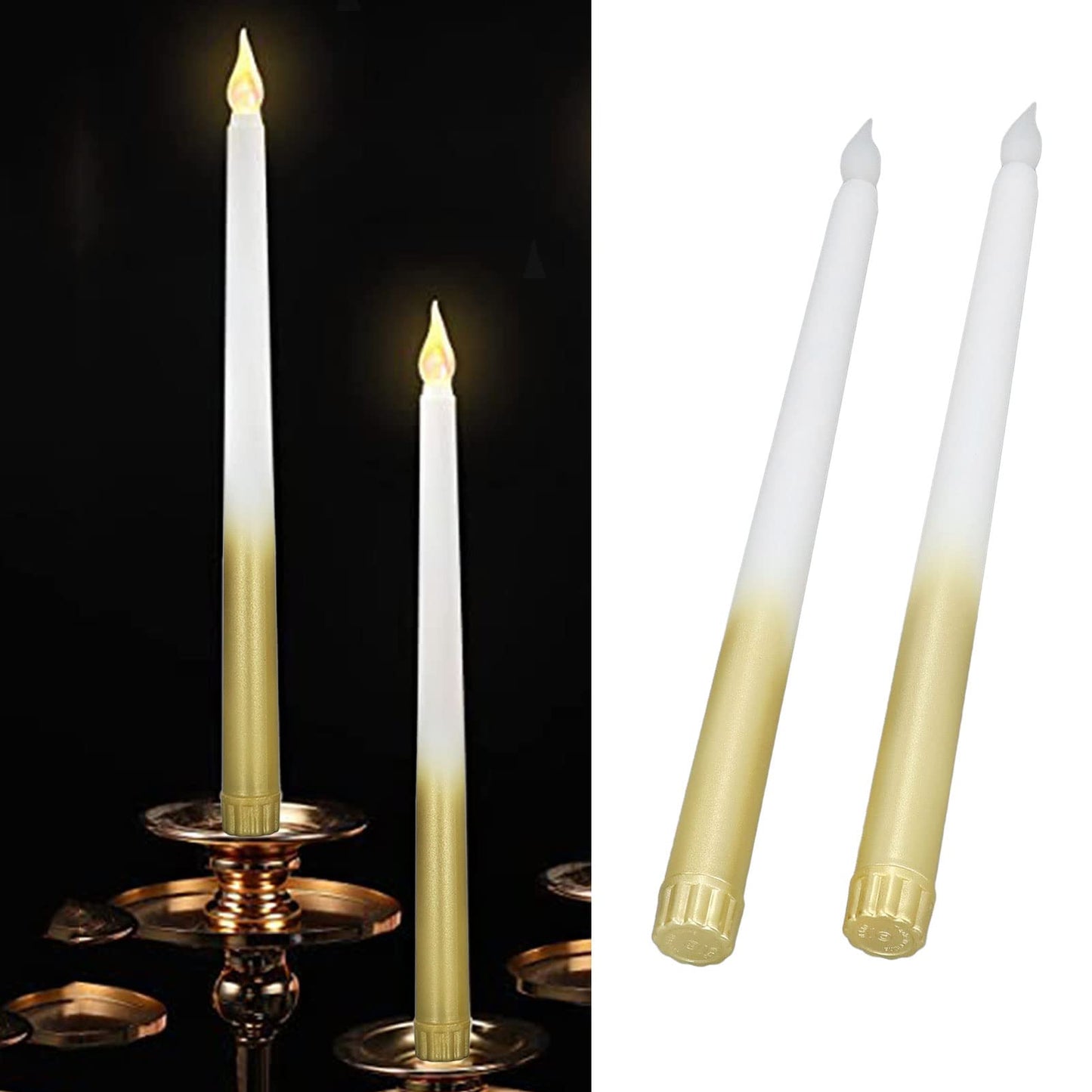 Flameless Taper Candles, 2 Pcs Battery Operated Realistic LED Taper Candles with Flickering Warm Yellow Flame Dripless Electric Decorative Led Candles for Home, Christmas, Wedding(half spray gold)