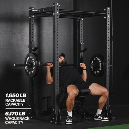 Titan Fitness X-3 Series Flat Foot Power Rack, 82" H x 30" D, 1,650 LB Rackable Capacity, Skinny & Fat Pull-Up Bars, Standard J-Hooks, for Home Garage Gym Weightlifting and Strength Training