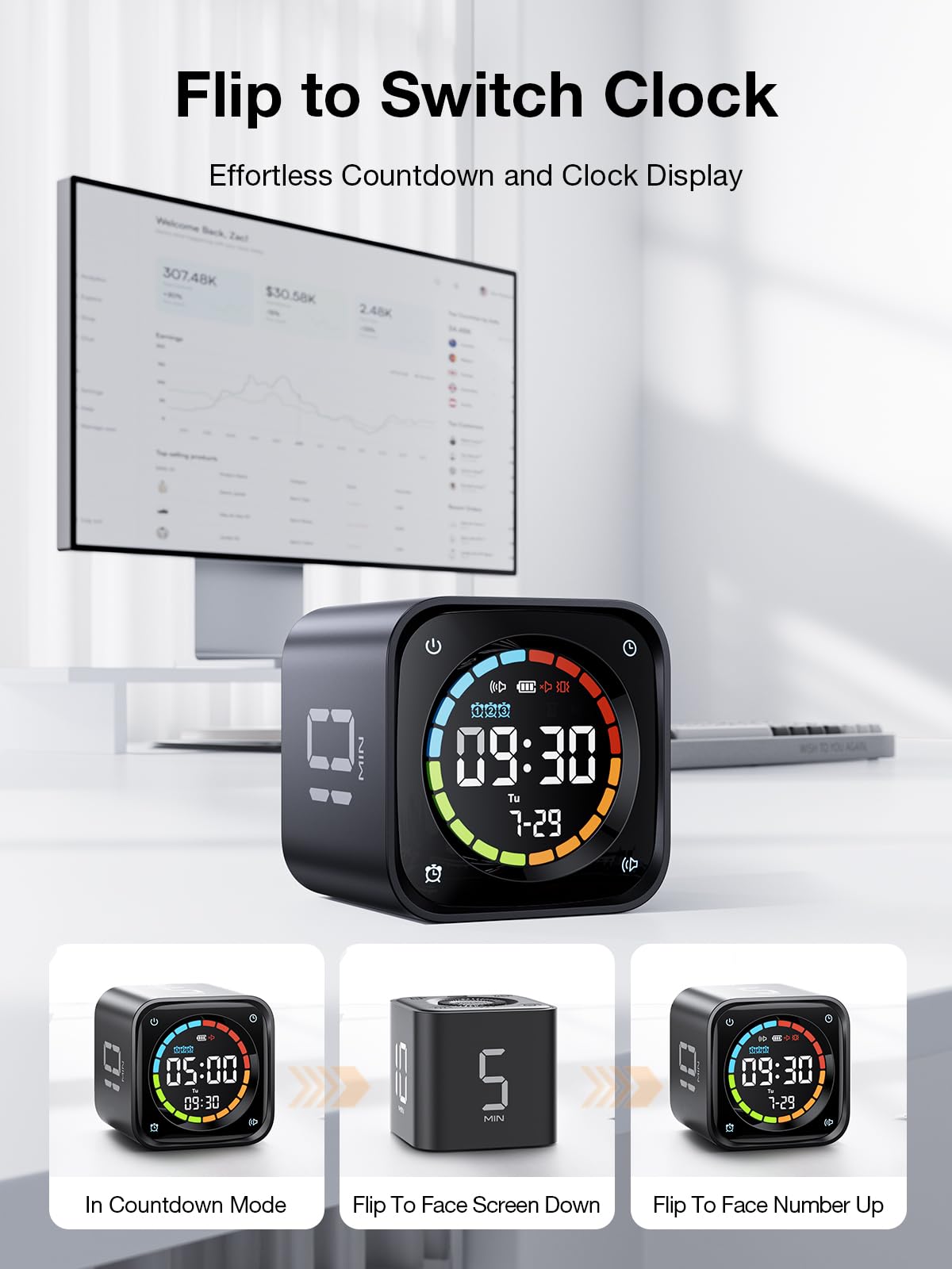 TK3 Pomodoro Timer Cube, Desk Productivity Timer with 5/10/30/60 Min Presets, Custom Countdown, Stopwatch, Clock, 3 Alarm, Silent, Vibrate & Sound Mode, for Task, ADHD, Study, Kitchen,Obsidian Black