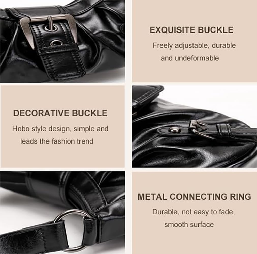 AFMKTICA Y2K Trendy Purse for Women, Leather Buckle Punk Hobo Clutch Purses Bags for Ladies Top Handle Shoulder Bag (Deep black)