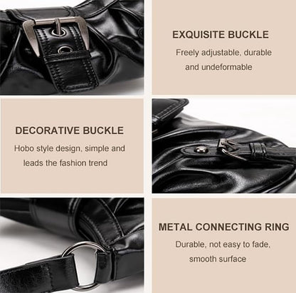 AFMKTICA Y2K Trendy Purse for Women, Leather Buckle Punk Hobo Clutch Purses Bags for Ladies Top Handle Shoulder Bag (Deep black)