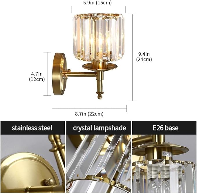 Gold Vanity Lights Bathroom, 3 Lights Fixture for Bathroom Over Mirror, Modern Crystal Wall Sconces Vanity Lighting Fixtures