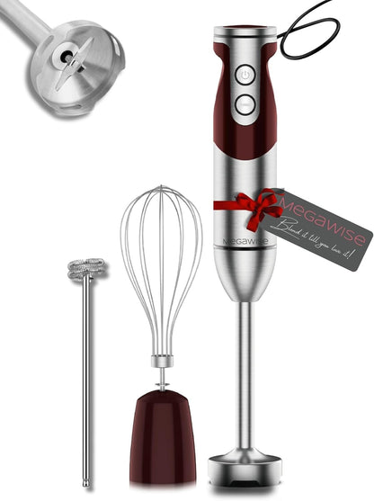 3- in-1 Immersion Hand blender, Powerful MOTOR & Stainless Steel Stick Blender, 4 Sharp Blades with Whisk, Milk Frother Attachments