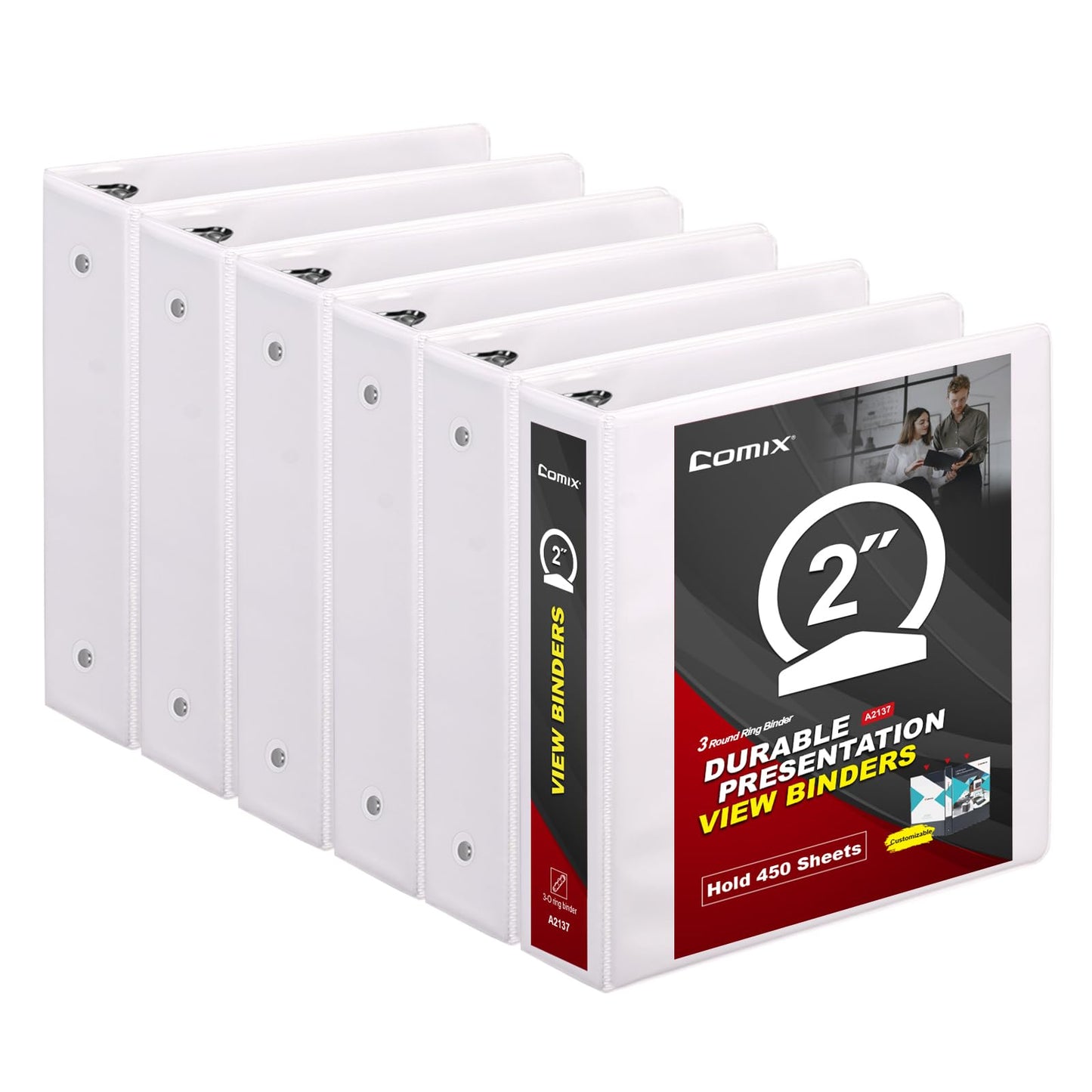 Comix Sturdy 3 Ring Binder 2 inch with Clear View Cover, 2" Round Ring View Binder, PVC-Free, 2.4mm-Thick, 450 Sheets Capacity of US Letter Size Paper, Office ＆ School Supplies, Pack of 6 (White)
