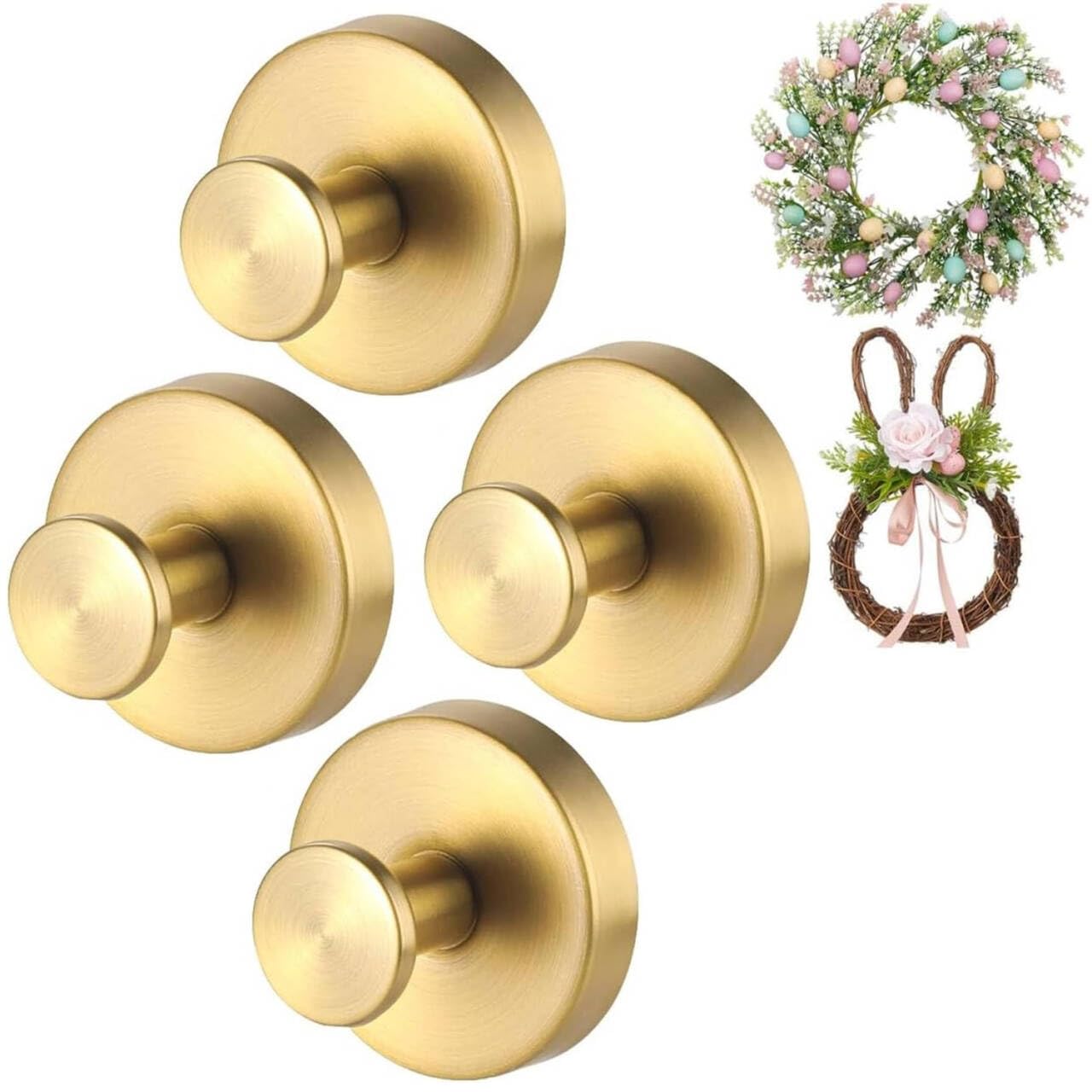 Guojanfon Gold Wreath-Hanger, Strong Stainless Steel Suction-Cup-Wreath-Hooks, 4 Pack Wreath-Door-Hanger Fall Halloween Christmas Decorations, Welcome Sign for Front Door Indoor Outdoor (4 Gold, 4)