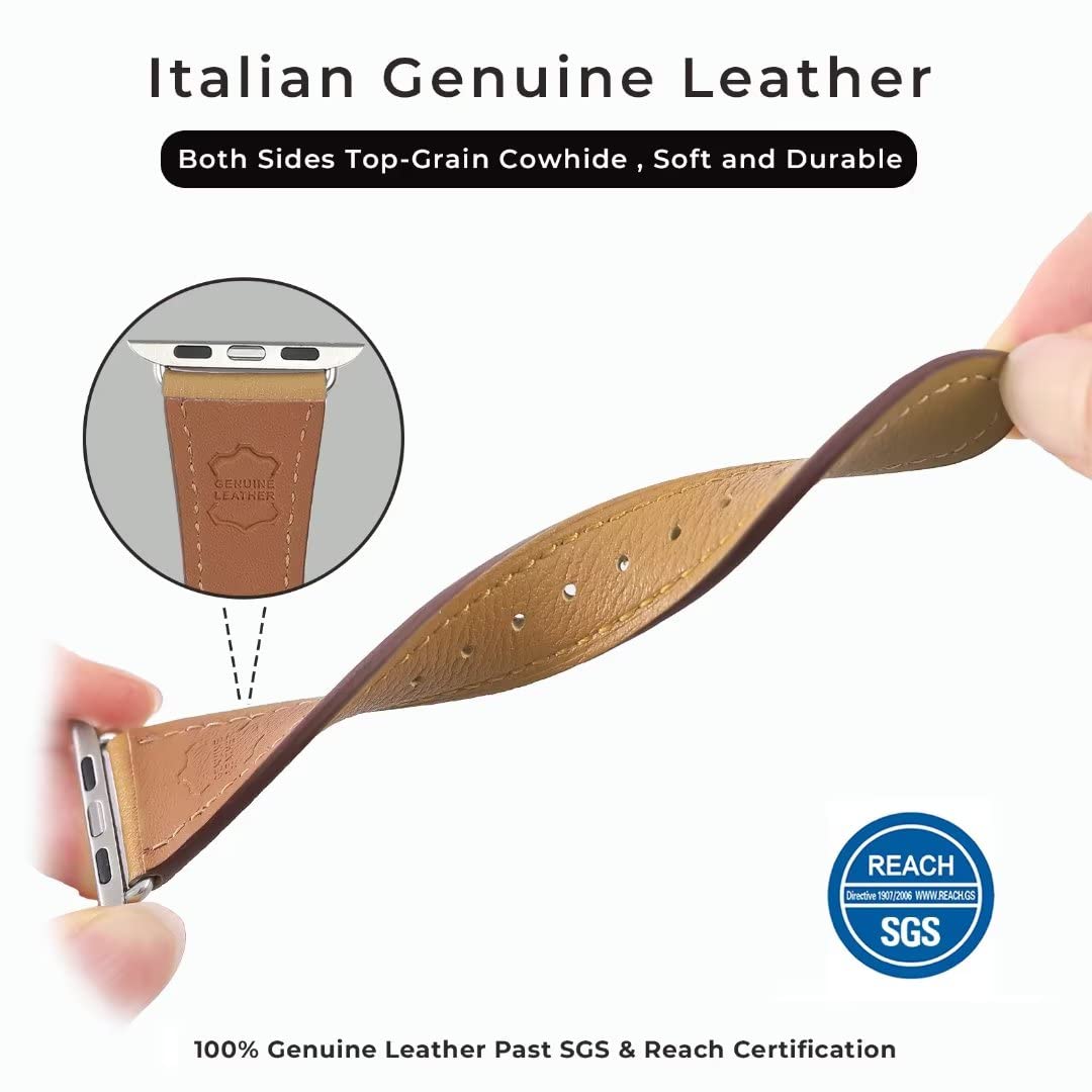 HANDODO Italian Genuine Leather Band Women for Apple Watch Series 11 10 9 8 7 6 5 4 3 2 1 SE SE2, SGS Certified Dressy Bracelet Cute Strap for iWatch 38mm 40mm 41mm 42mm, Camel