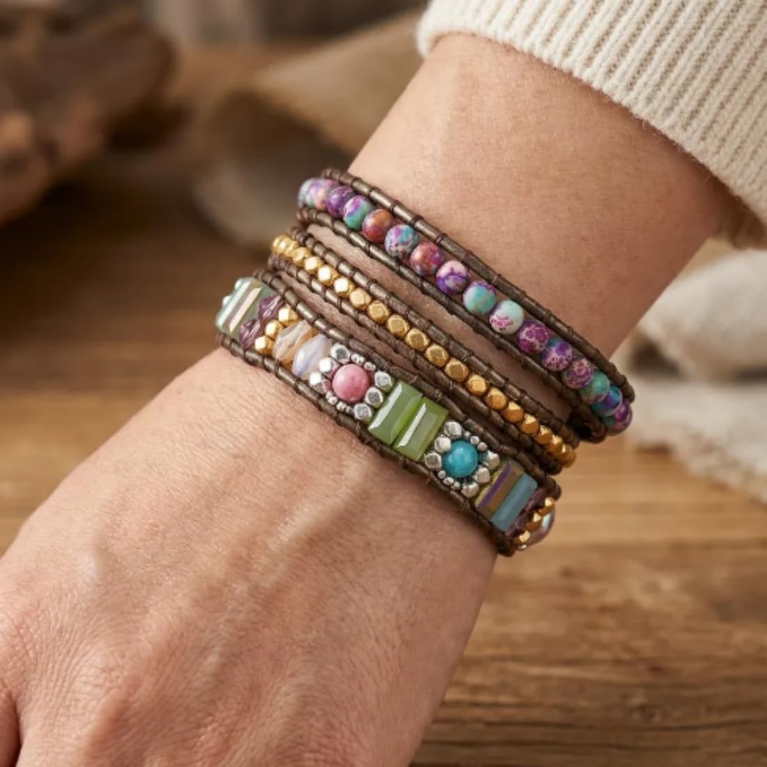 YGLINE Boho Handmade Wrap Leather Tube Crystal Stone Bracelet for Women (3 wrap-mix stone)