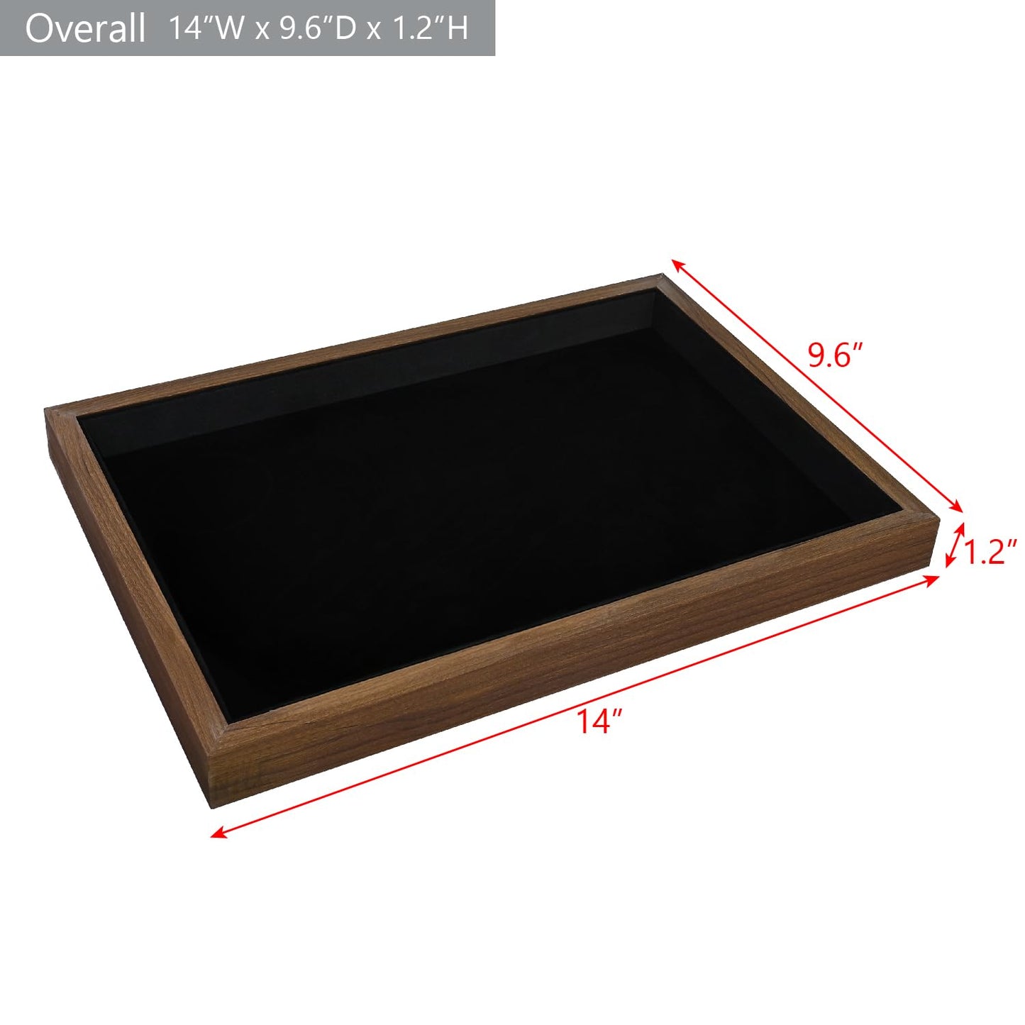 MOOCA 2 Pcs Wooden Jewelry Display Tray, Presentation Tray, Organizer for Rings, Necklaces, Earrings, and Accessories, Walnut Color with Black Suede, 14" W x 9.6" D x 1.2" H