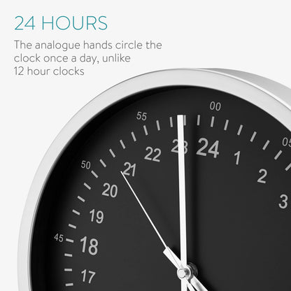 Navaris 24 Hour Wall Clock - 11.8" Analog Military Time Clock with Silent Movement Non-Ticking Hands - Battery Operated - Silver Frame with Black Face