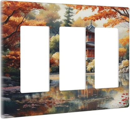 Decorative Art Light Switch Covers Lake & Pagoda in Fall 3 Gang Triple Rocker Outlet Switch plate GFCI Faceplate GFCI for Home Decor