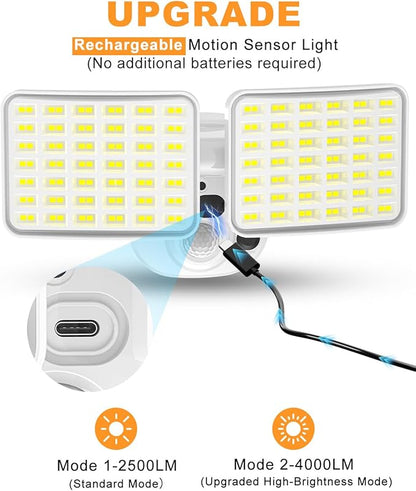 Rechargeable Battery Motion Light, 2500LM & 4000LM Dual Modes Motion Sensor Security Lights, USB Charging Wireless Flood Light Battery Powered, LED Outdoor Lights for Garage,Yard,Porch,Shed(2 Packs)
