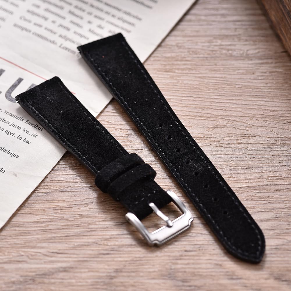 JWNSPA Unisex 18mm 19mm 20mm 22mm Super Soft Suede Leather Watch Band Quick Release Lightweight Watch Strap (Black, 18mm)