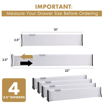 RAPTUROUS Adjustable Deep Drawer Divider – 5" Tall, Expandable 13-22", 10-Pack, Non-Slip Drawer Dividers for Clothes, Dresser, Kitchen & Office Organization (White)