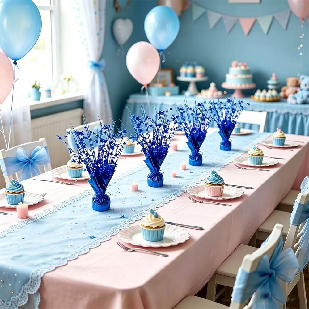 6 Pack Blue Star Table Centerpieces, Metallic Blue Starburst Table Decor, Sparkly Foil Table Topper for Birthday, Baby Shower, Wedding, Graduation, Space Themed Party, Holiday Table Decoration