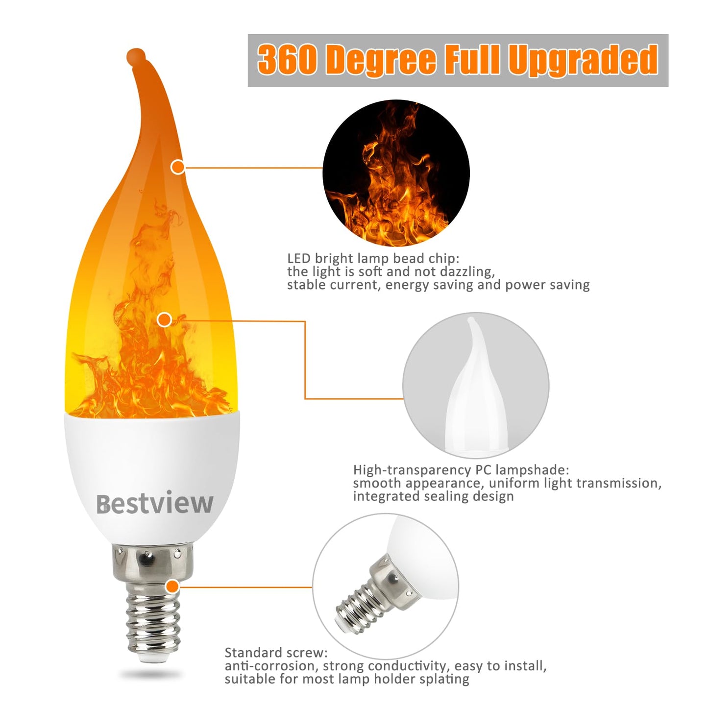 Bestview LED Flame Effect Light Bulbs,3 Modes Flickering Light Bulbs, Smart E12 Chandelier Base Candle Fire Light Bulb for Halloween, Christmas,Party, Porch, Indoor&Outdoor Home Decoration -2 Pack