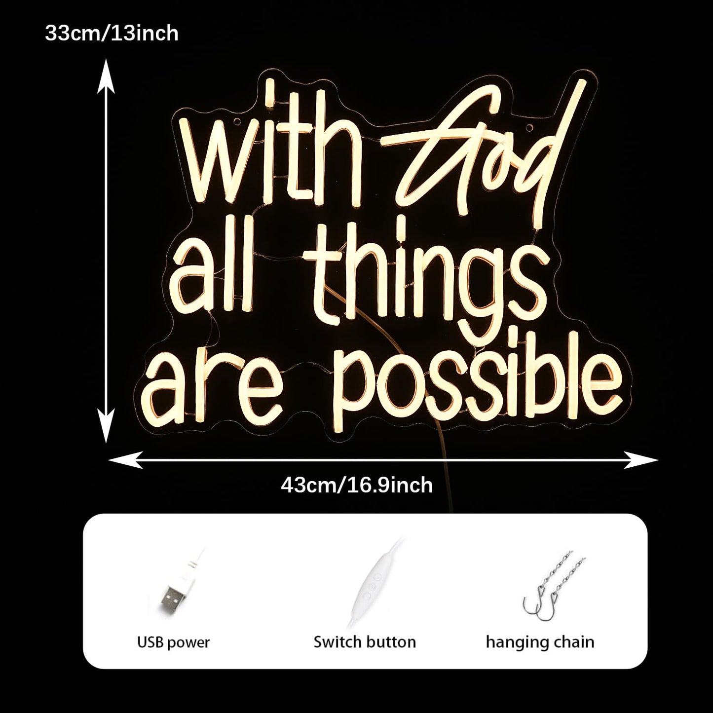 With God All Things Are Possible Neon Sign Bright Warm White God Led Neon Lights for Wall Decor Dimmable USB Powered Light up God Sign 16.9*13 Inch Neon Light Sign for Room Party Wedding Church Decor