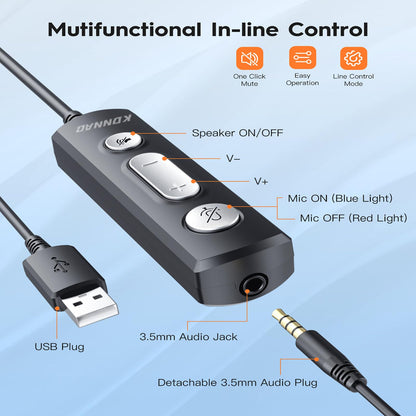KONNAO USB Headset with Microphone, 3.5mm Wired Computer Headsets with Noise Cancelling Microphone, Stereo Headphones with MIC for PC, in Line Controls, Work Headset for Skype Zoom Tablet Laptop