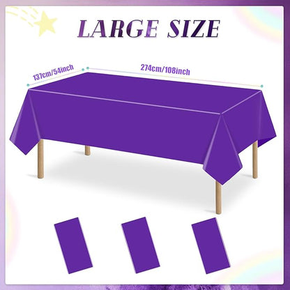 3 Packs Disposable Purple Tablecloths 54 x 108 inch Rectangular Plastic Table Cloth for Parties Waterproof Table Cover for Wedding Outdoor Picnic Birthday Party Decoration