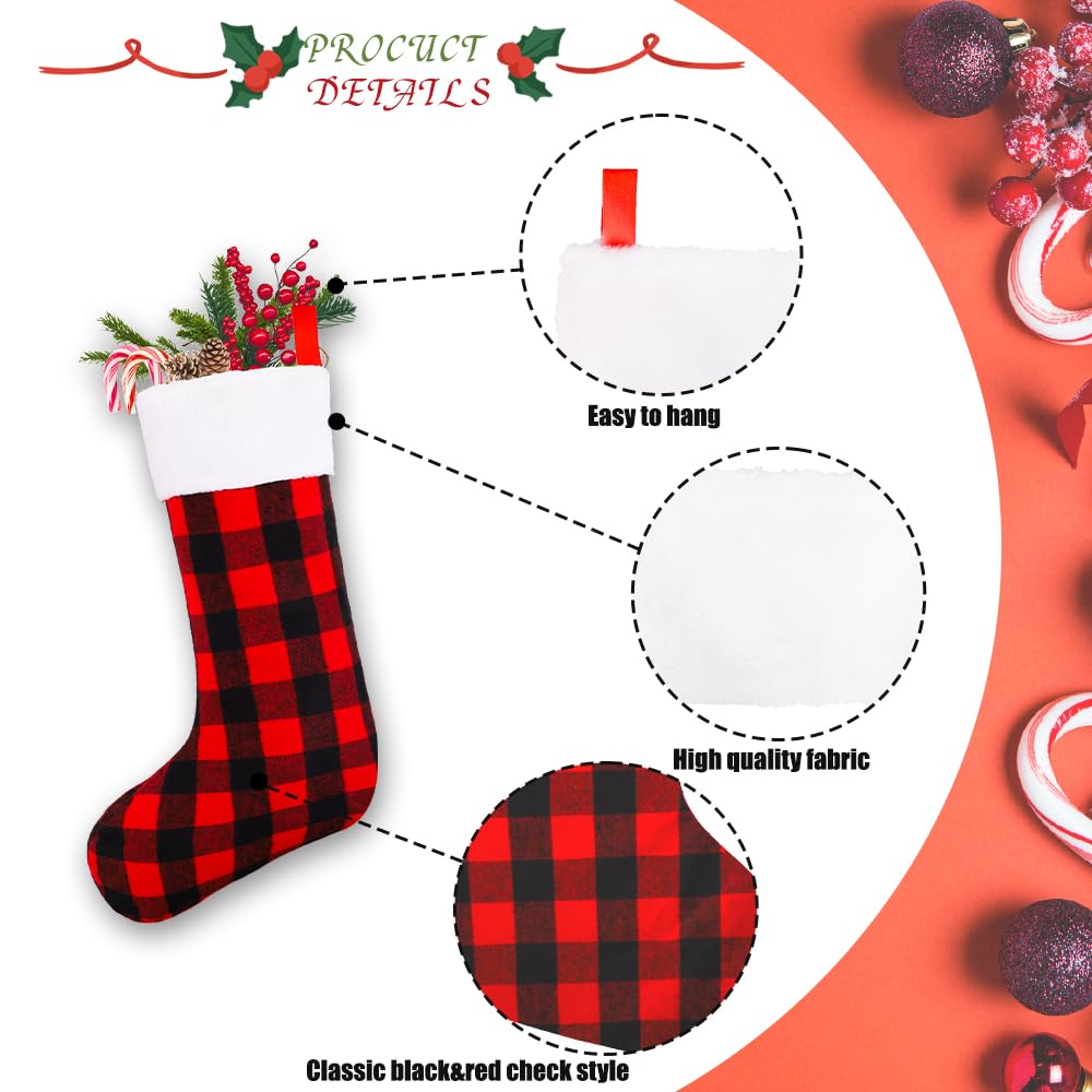 YUJUN 6 Pack 22 Inches Christmas Stockings, Xmas Large Black Red Buffalo Plaid Hanging Stockings Decorations for Christmas Tree Fireplace Family Holiday Party Decor