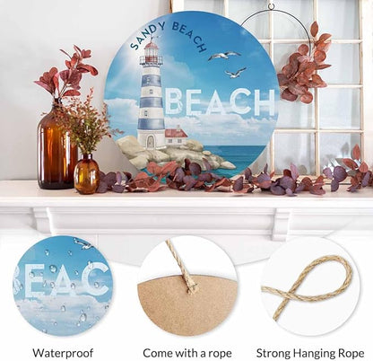 Welcome Sign Wooden Wreath Watercolor Sea Lighthouse for Front Door Wall Window Festival Farmhouse Porch Patio Garden Decor,12in
