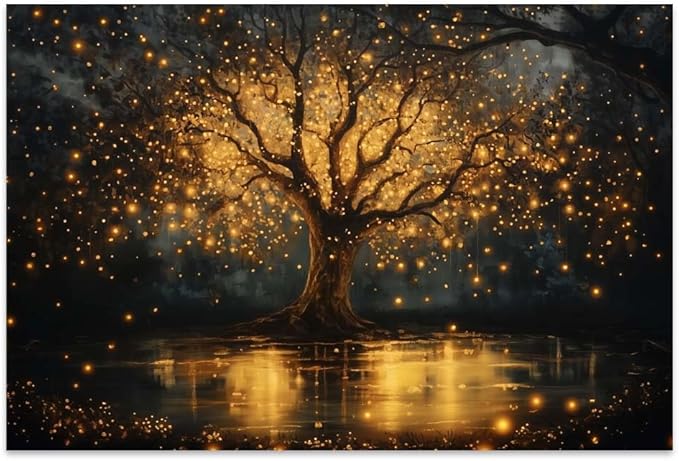 Yesad Tree of Life Canvas Wall Art, Spiritual Wall Art Fairy Lights Prints Landscape Painting Wall Décor for Living Room Bedroom Farmhouse Housewarming Gift (Unframed,30”x20”, Tree7)