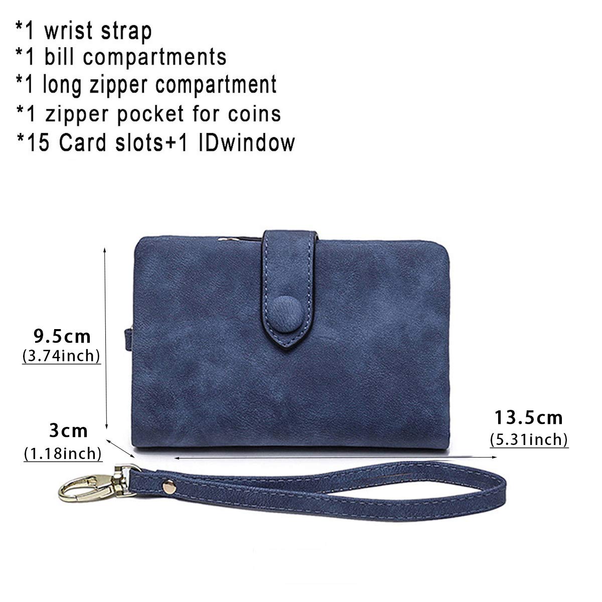 AOXONEL Women's Small Bifold Leather wallet Rfid blocking Ladies Wristlet with Card holder id window Coin Purse (Blue)
