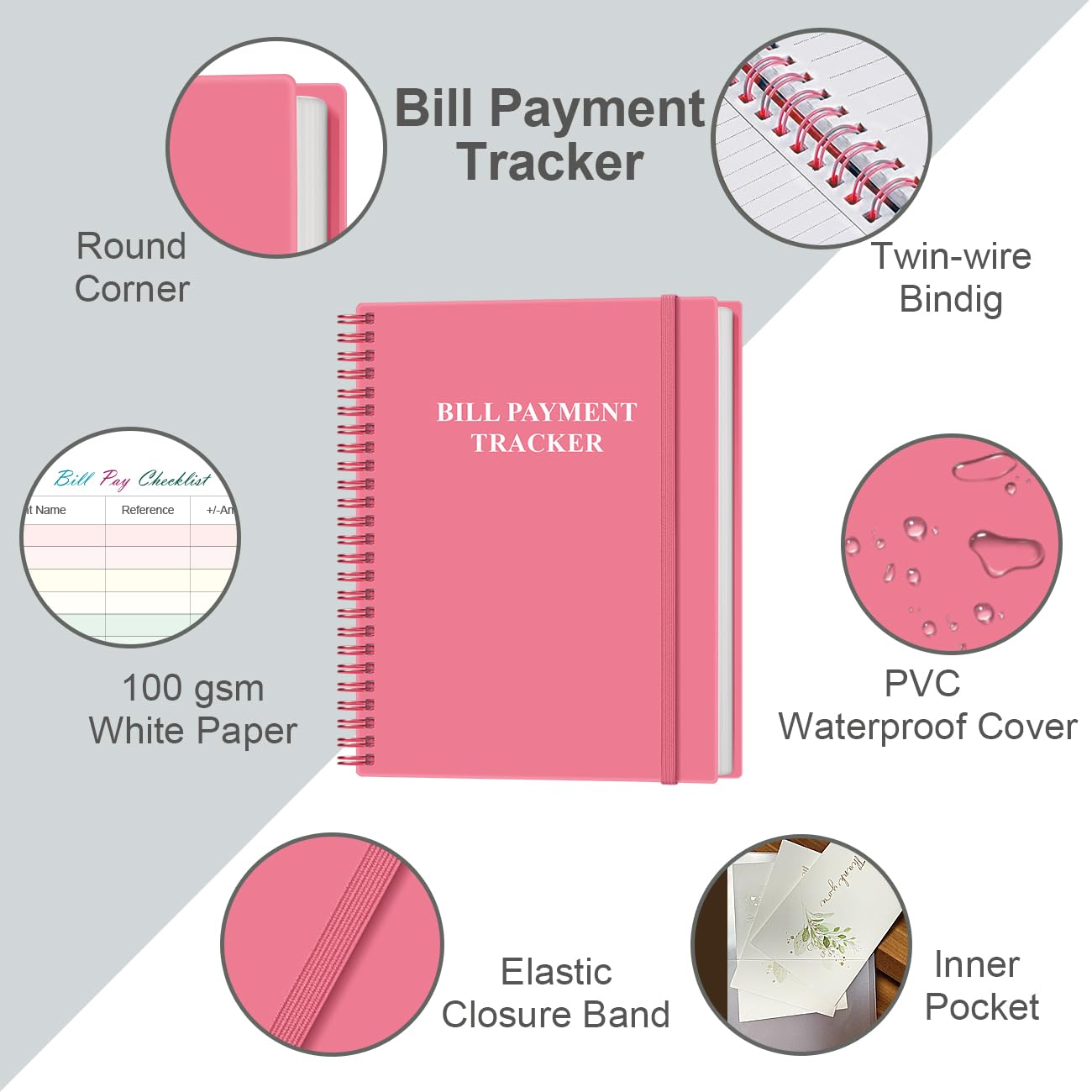 Bill Tracker Notebook - Monthly Bill Organizer & Planner for Personal Budgeting Financial, Monthly Bill Payment Checklist, 8.5" x 11", Pink