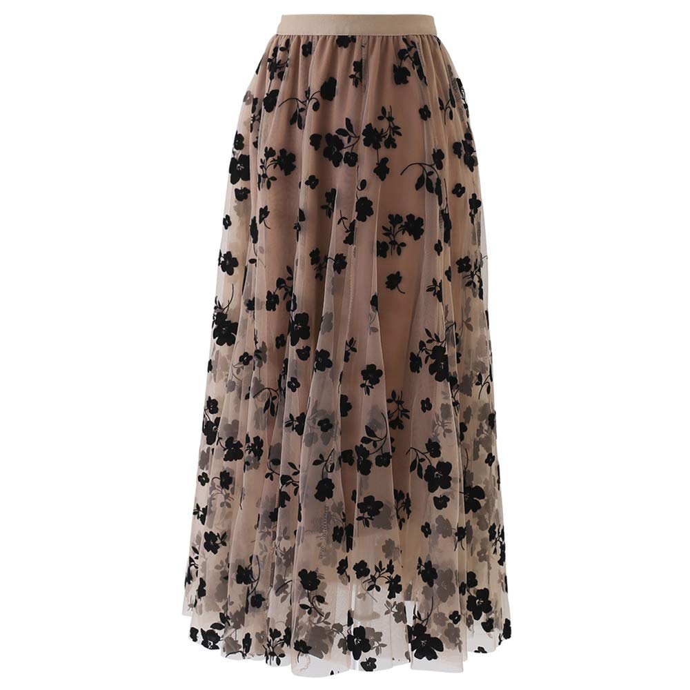 CHICWISH Women's Caramel 3D Posy Double-Layered Mesh Midi Skirt, Size S-M