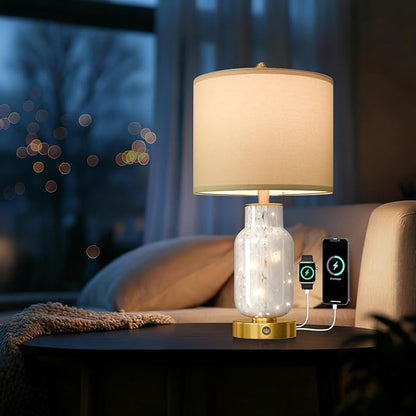 Oneach 22" Glass Table Lamps Set of 2, White Modern Bedside Lamp with LED Night Light for Living Room, Nightstand Lamp with USB Ports for Bedrooms, Study Room, End Table(2 Bulbs Included)