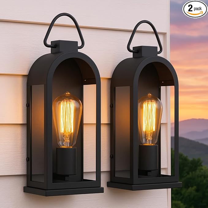Vintage Outdoor Wall Light Fixtures (2 Pack) - Matte Black Porch Lantern/Exterior Wall Sconce, Glass Shade, Sturdy Metal Frame, Waterproof & Anti-Rust, for Entryway/Garage/Patio/Doorway, E26 Socket